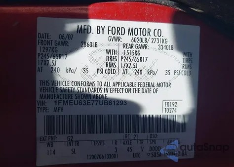 2007 Ford Explorer Xlt из США, поврежденный, VIN 1FMEU63E77UB81293